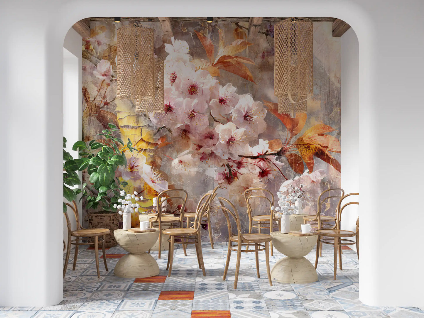 Mural de Pared con Ilustración de Flor Dorada Rústica