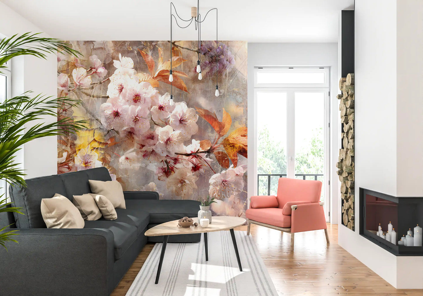 Mural de Pared con Ilustración de Flor Dorada Rústica