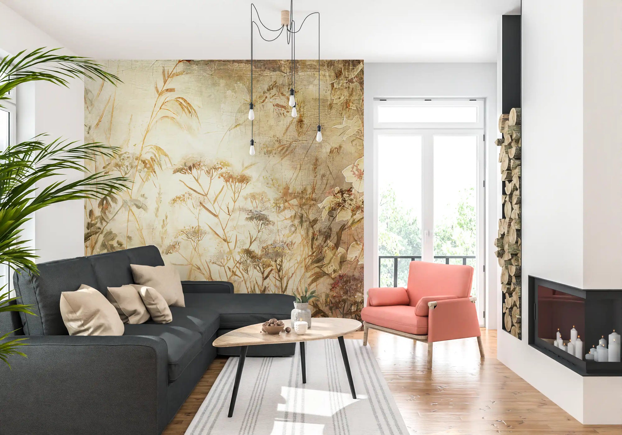 Golden meadow botanical study wall mural filling a living room with warm sepia GD11243
