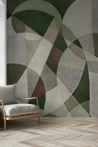 Canvas finish geometric wall mural with olive colour accents GD11246