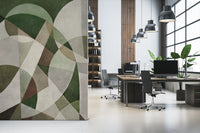 Muted green wall mural with intersecting abstract shapes GD11246