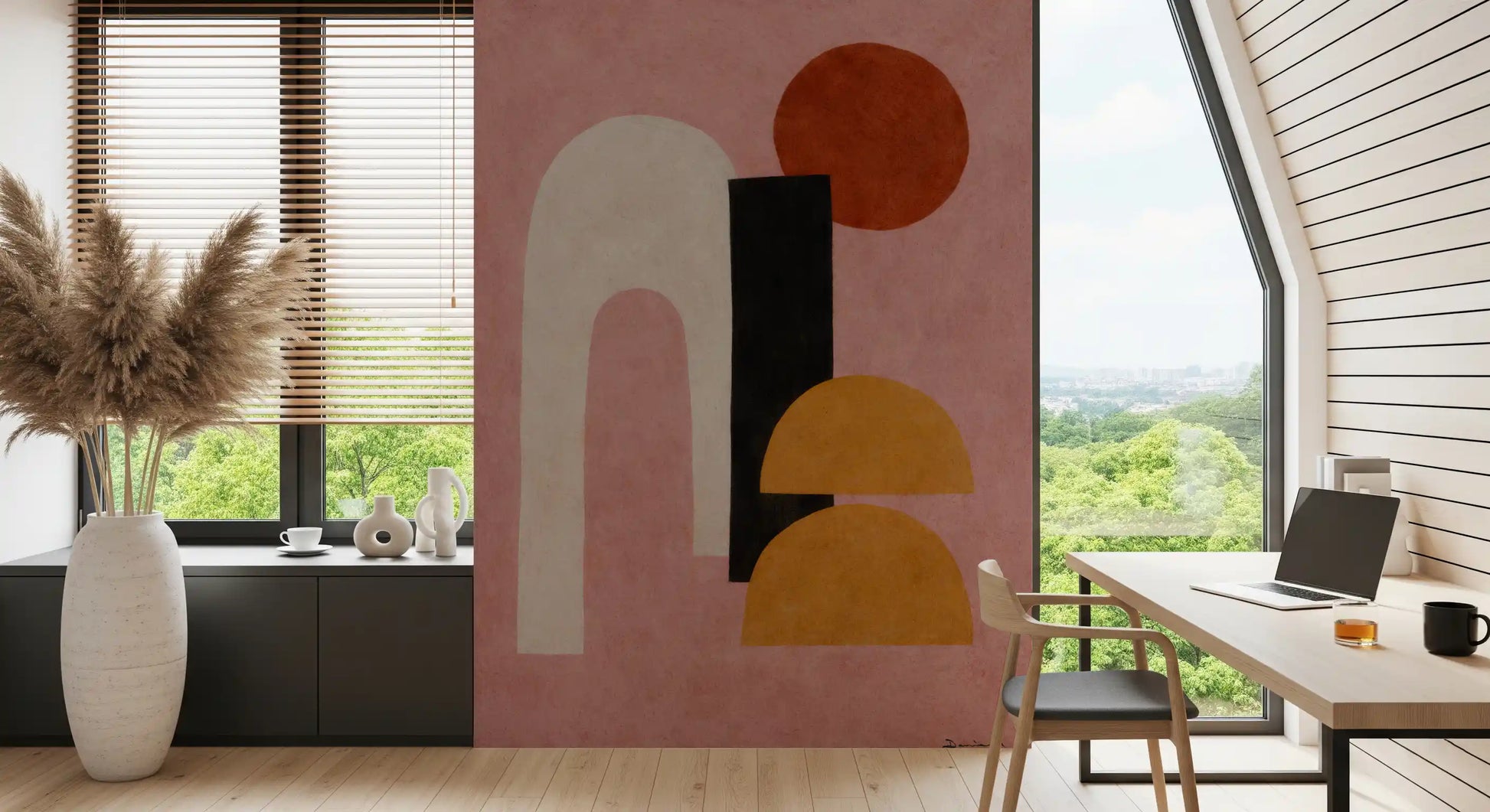 Modern artistic wall mural with curved rose-toned shapes GD11247