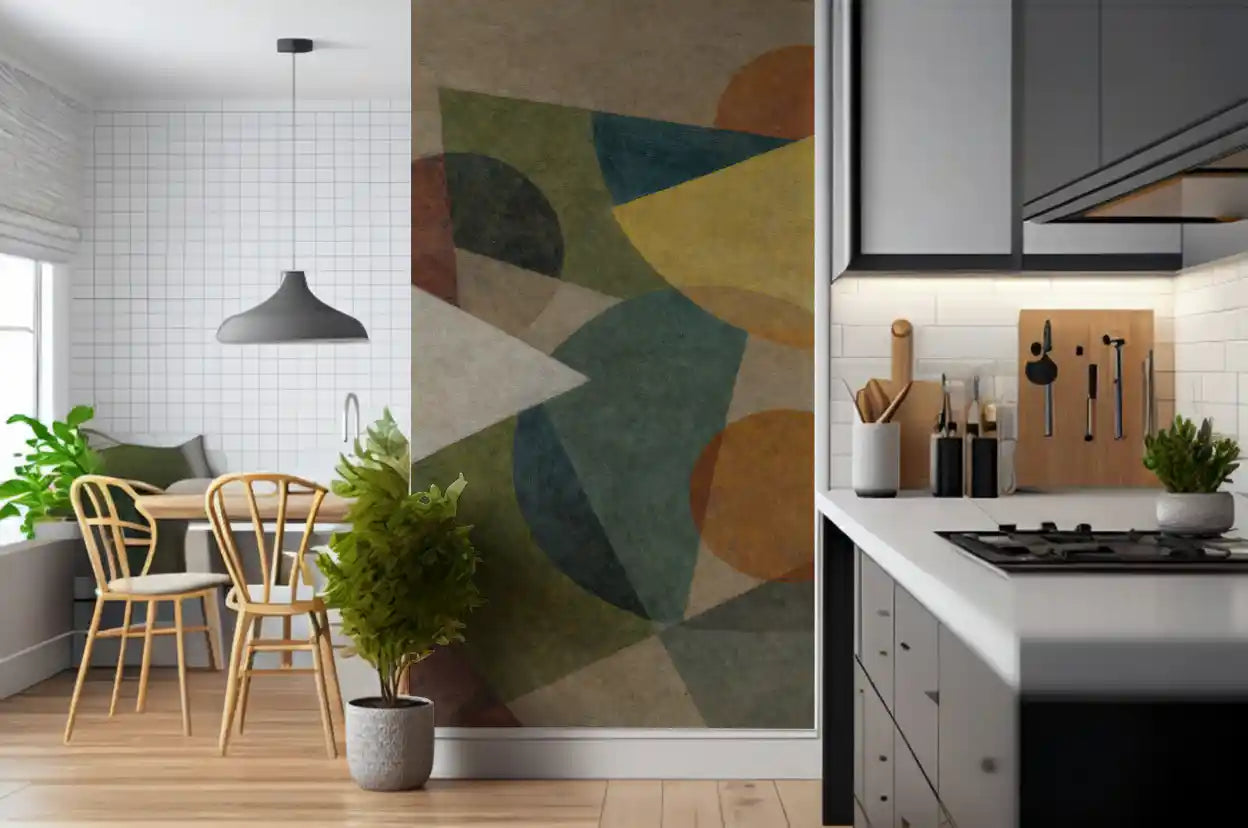 Mid-century inspired abstract wall mural with bold geometric pattern GD11248