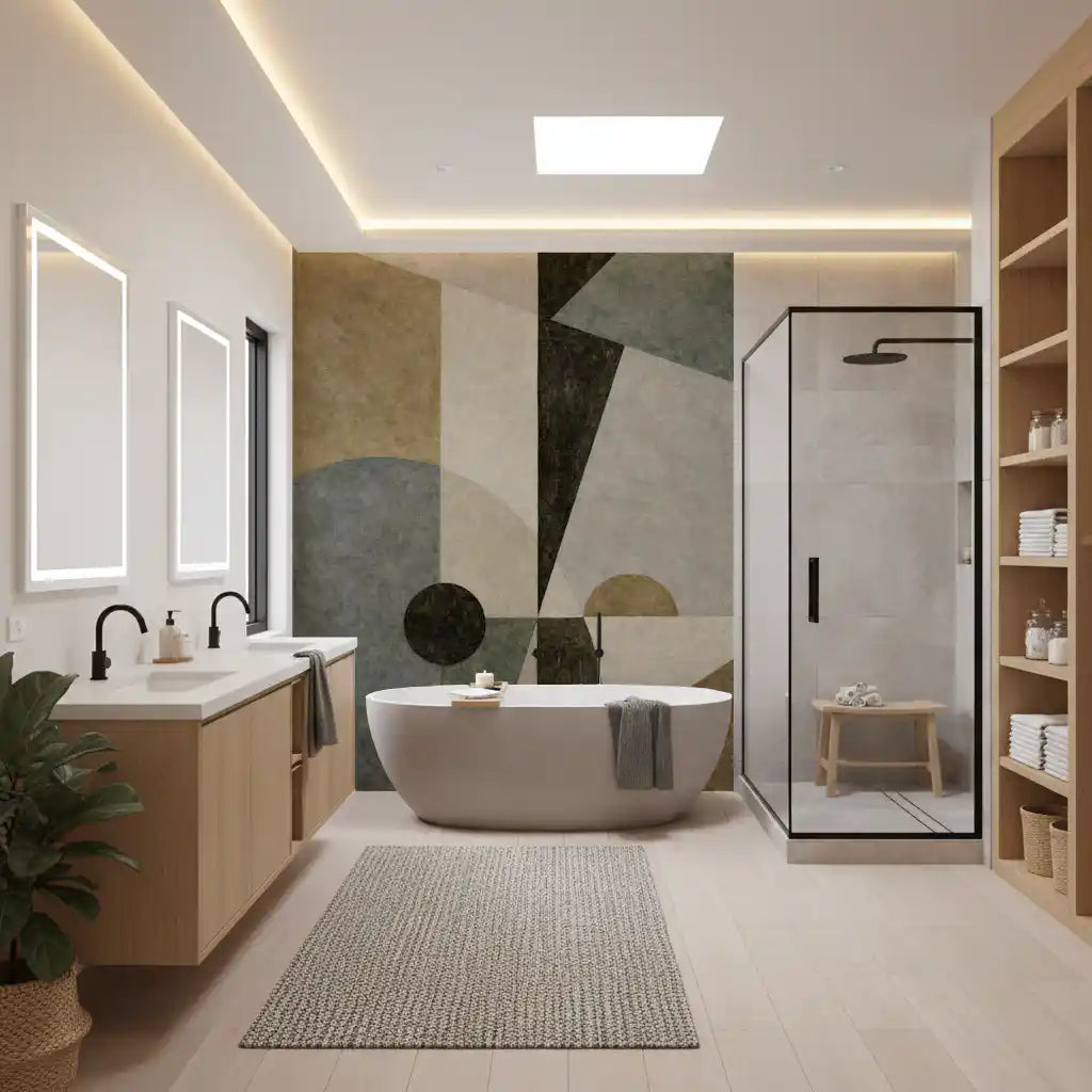Bathroom Geometric Earth Tone Cubism Wall Mural with abstract angular artwork GD11250
