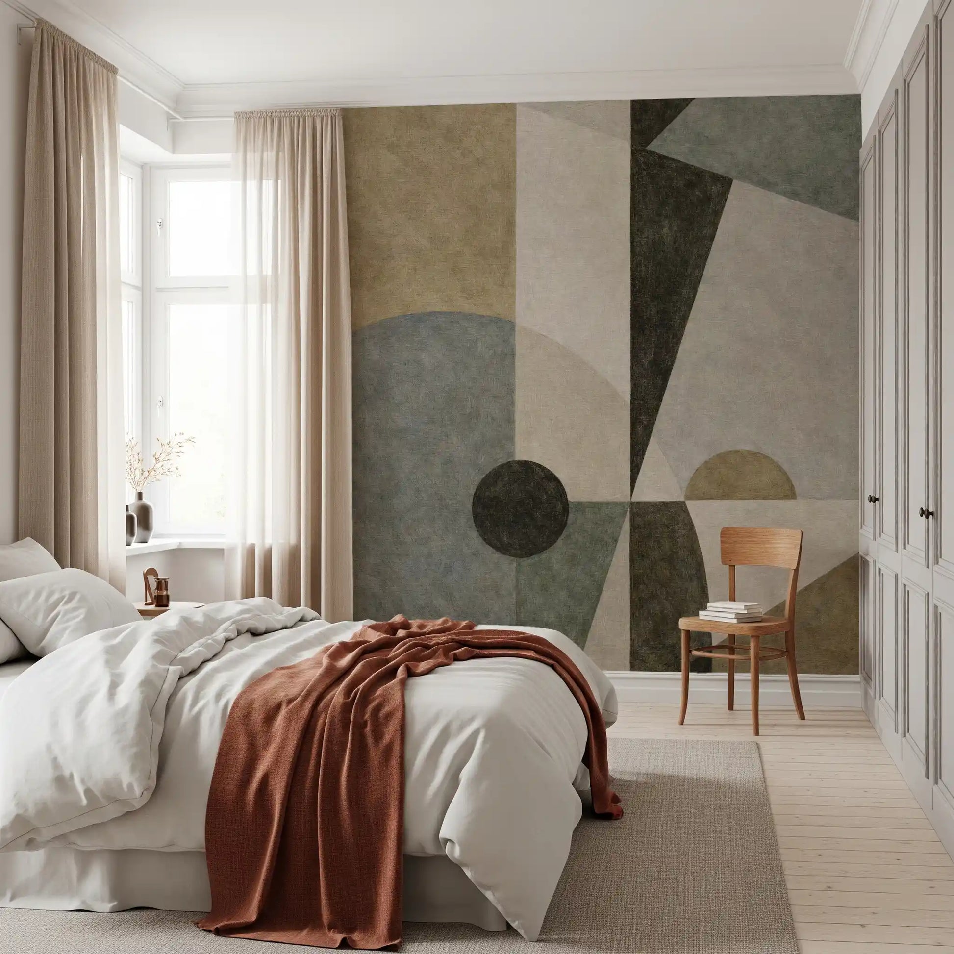 Cubism-inspired wall mural bedroom with layered neutral geometric forms GD11250