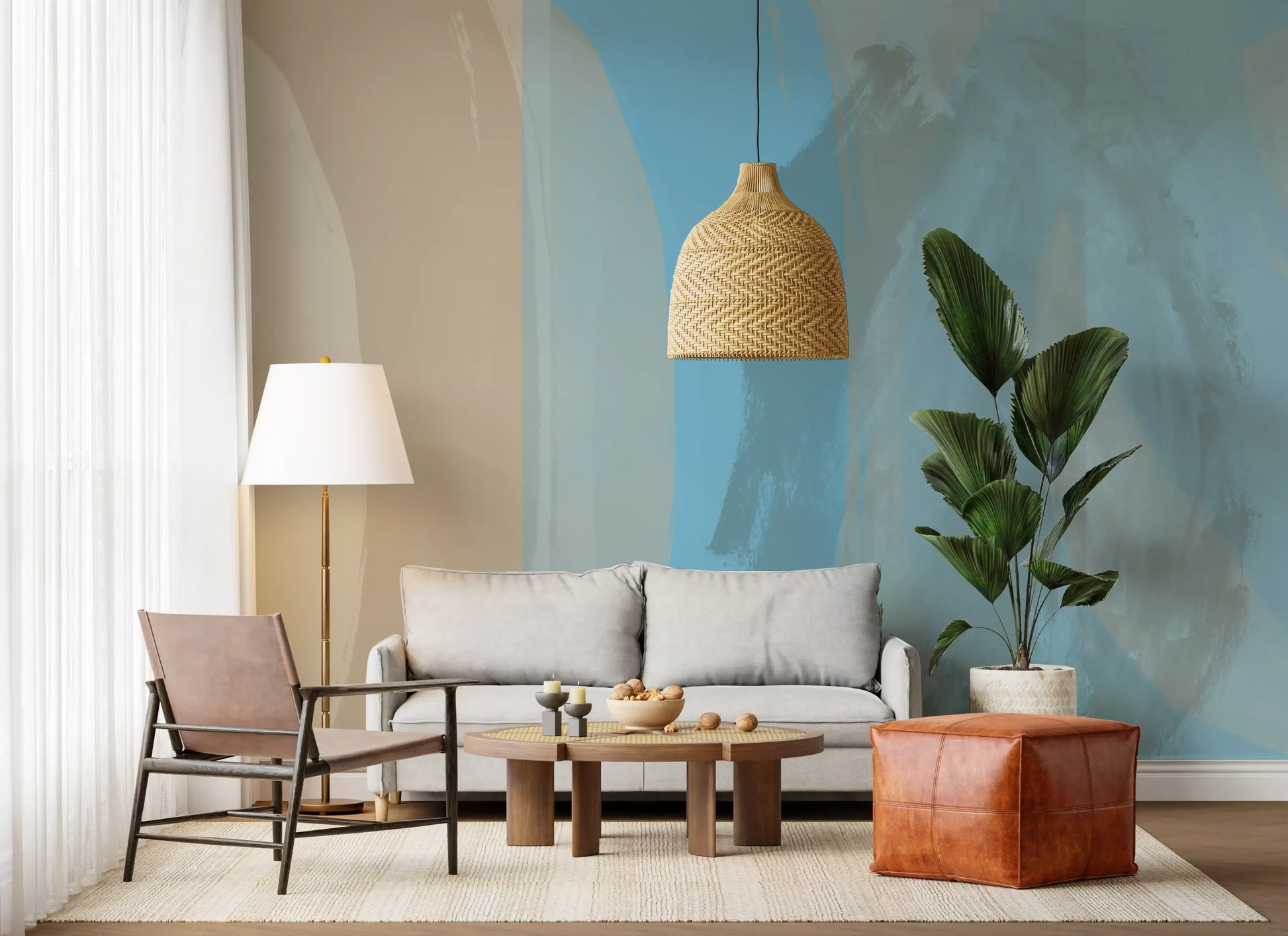 Blue abstract wall mural with coastal-inspired layered design GD11251