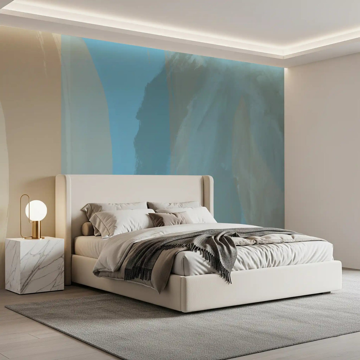 Soft blue coastal abstract wall mural with fluid brush effect GD11251