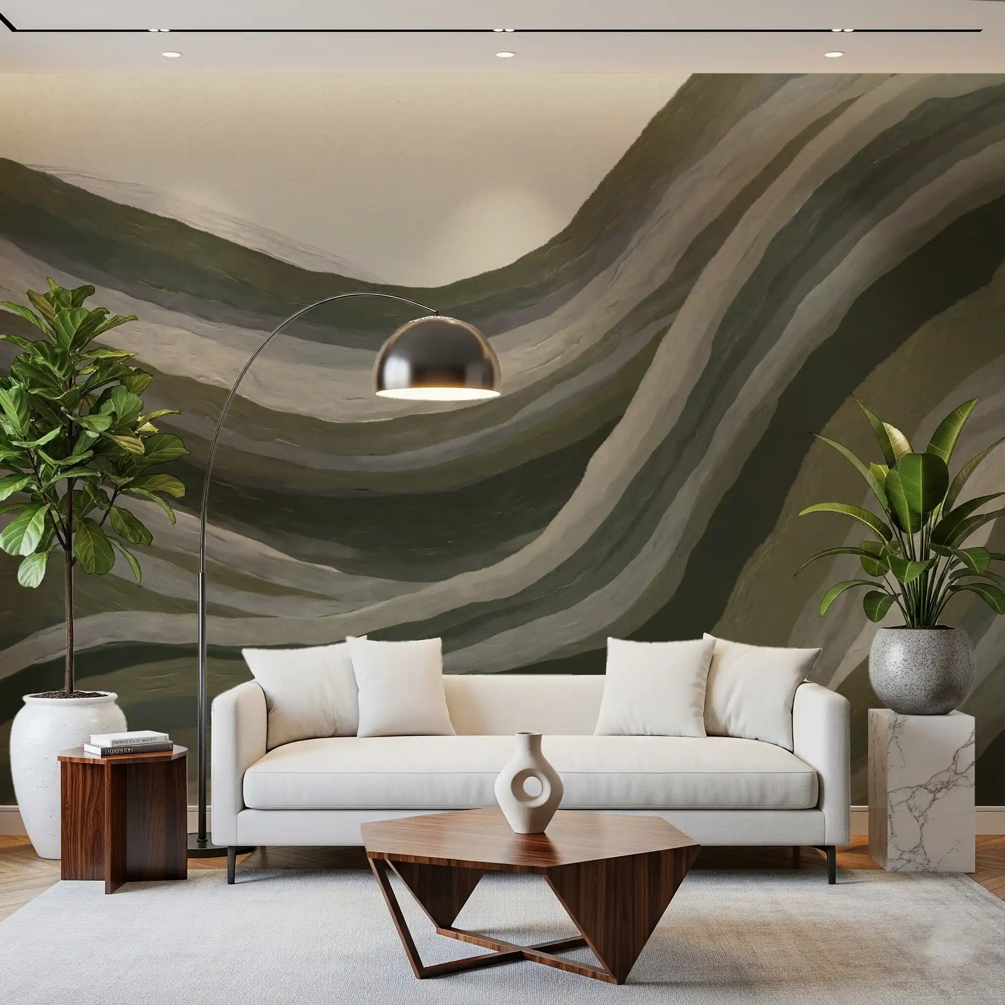 Olive and sage hills roll across a wall mural warming a living room GD11254
