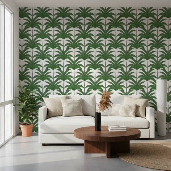 Green palm fronds arch over a living room in botanical wallpaper GD11256