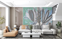 Abstract Teal Botanical Sketch Wall Mural