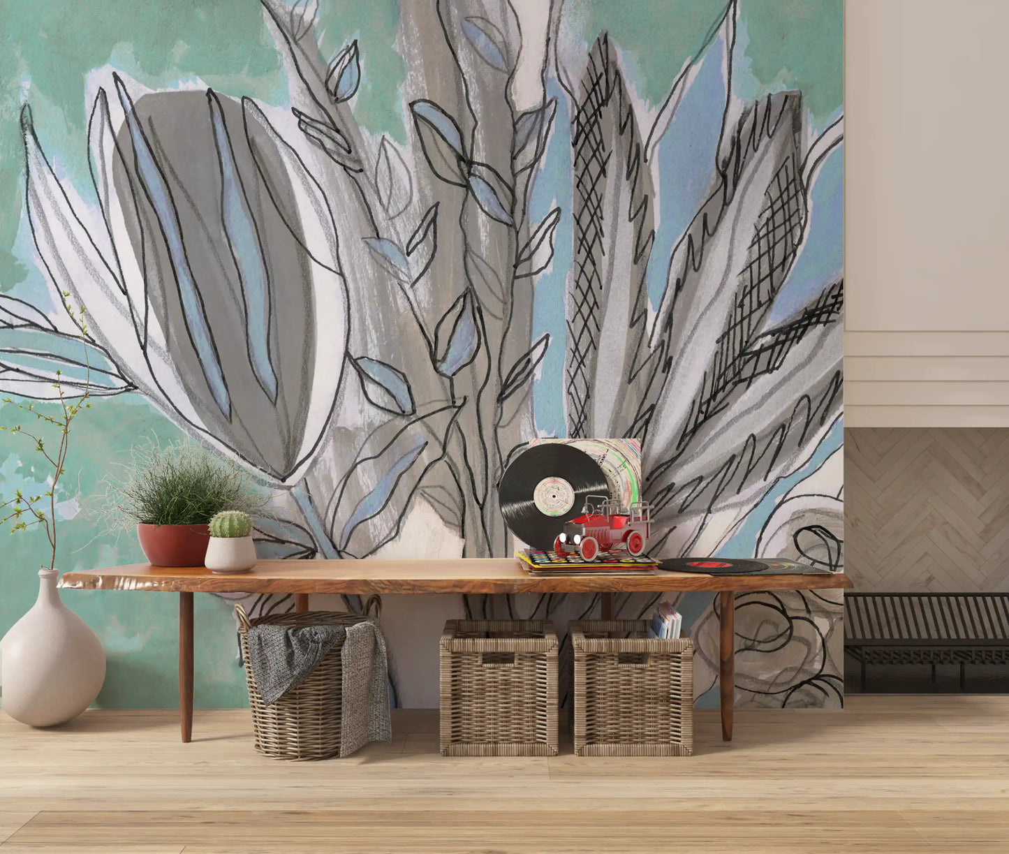Abstract Teal Botanical Sketch Wall Mural