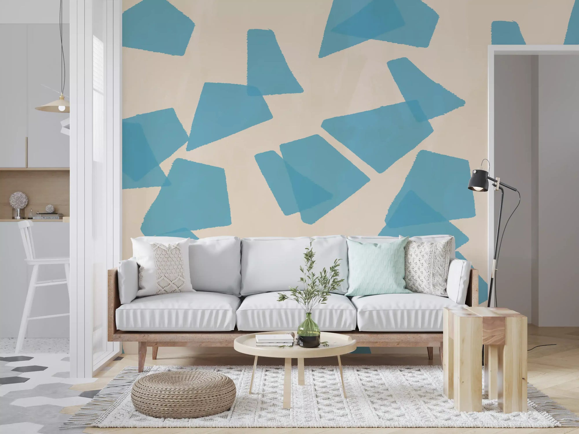 Floating azure fragments wall mural styling a living room in blue and cream GD11259
