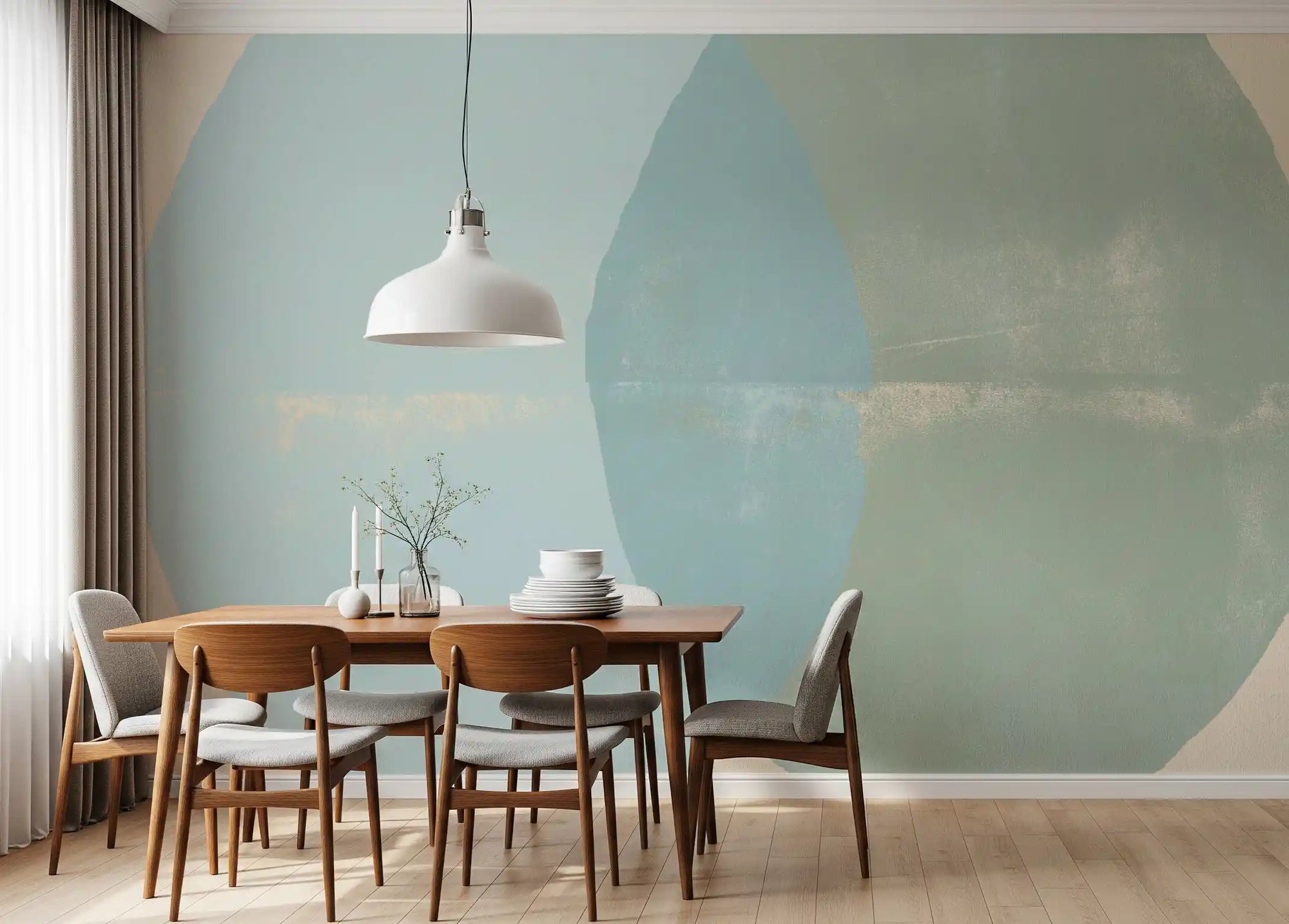 Muted teal where blue meets sage on a wall mural in a dining room GD11261