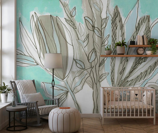 Taupe and gray floral wall mural adding sketched blooms to a nursery GD11262
