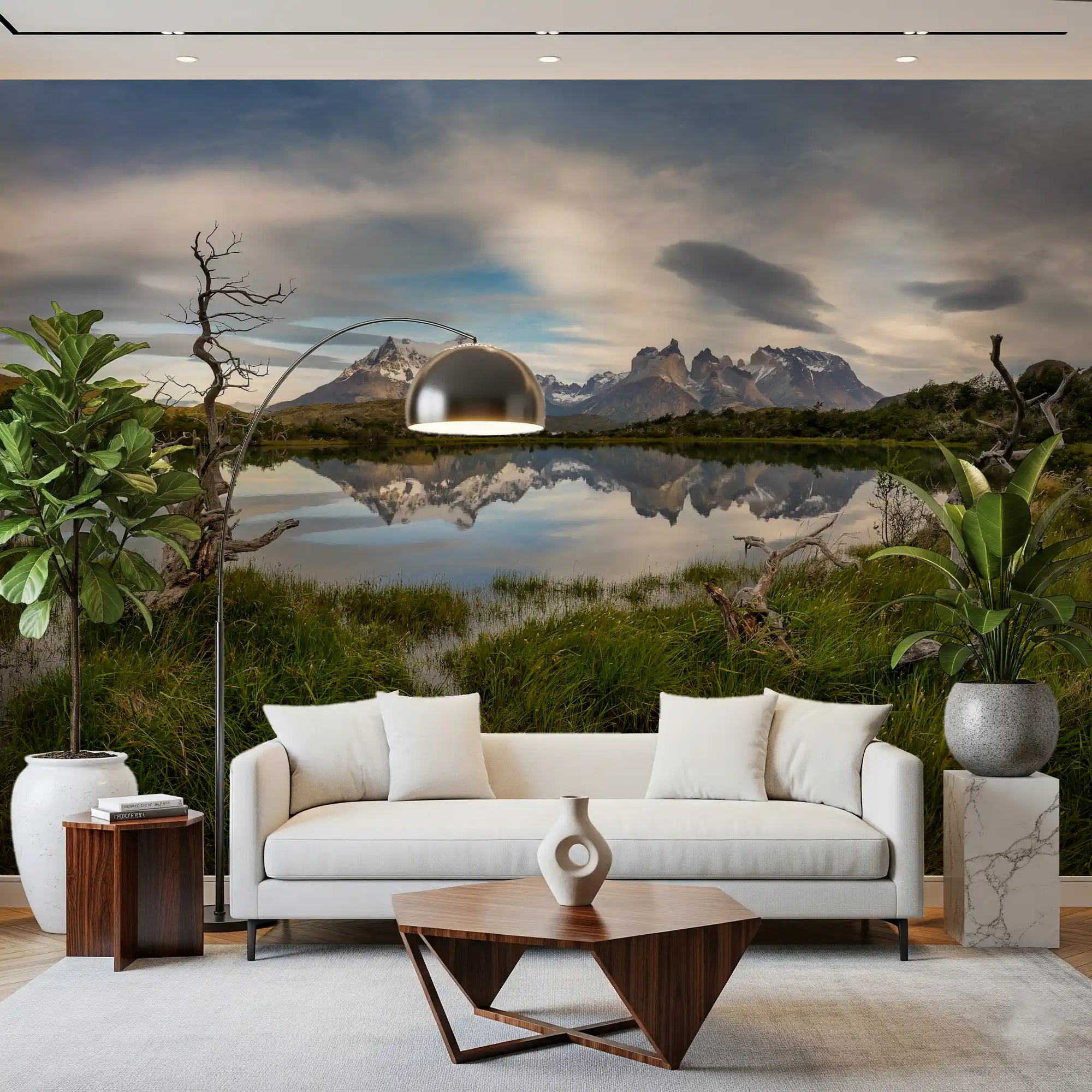 Patagonian mountain reflection glows on a living room wall mural at dawn GD11263