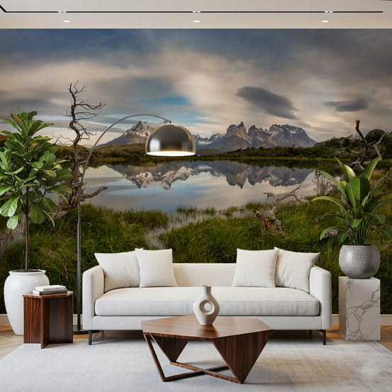 Patagonian mountain reflection glows on a living room wall mural at dawn GD11263