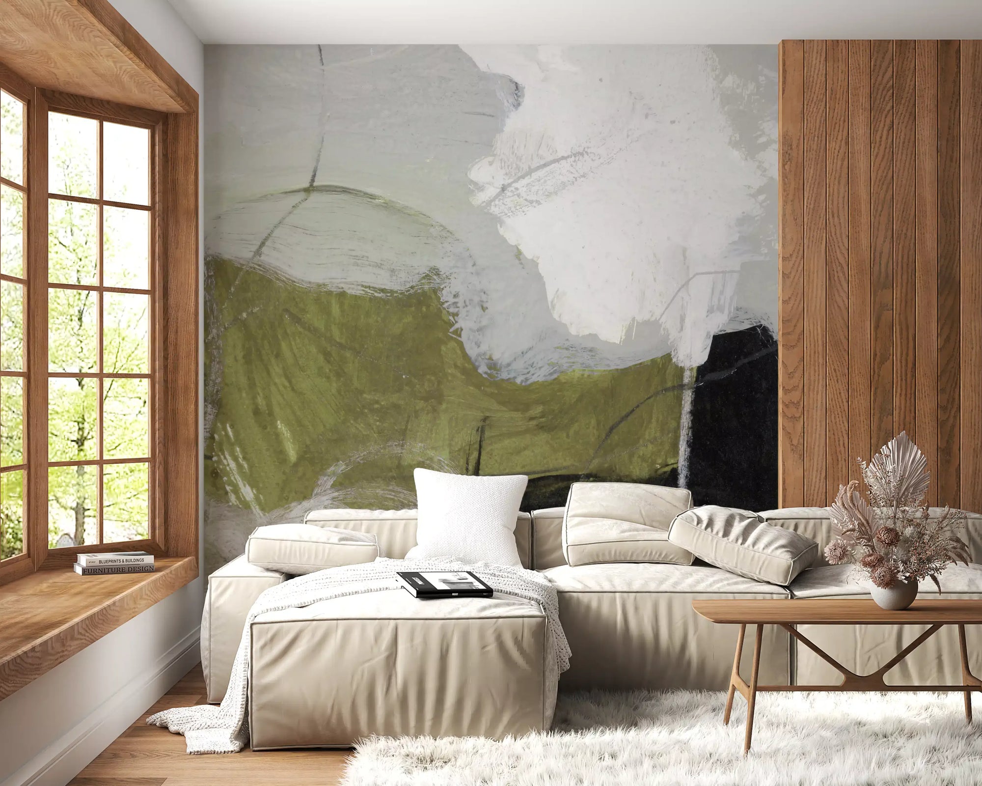 Olive and black organic shapes on a wall mural warming a Living room GD11266
