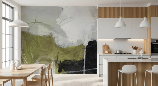Layered Monochrome and Olive Organic Shapes Wall Mural