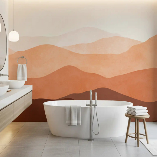 Layered desert wall mural styling a living room in rust and clay GD11276
