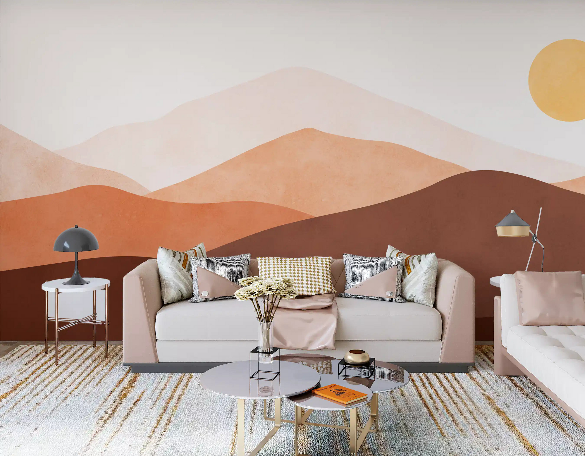 Ombre mountains wall mural giving a living room a warm sunset feel GD11277