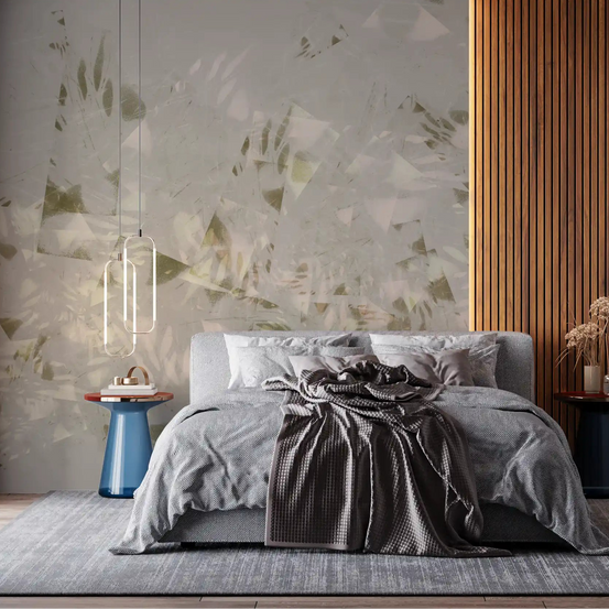 Brushstroke foliage wall mural styling a bedroom in taupe and gold GD11279