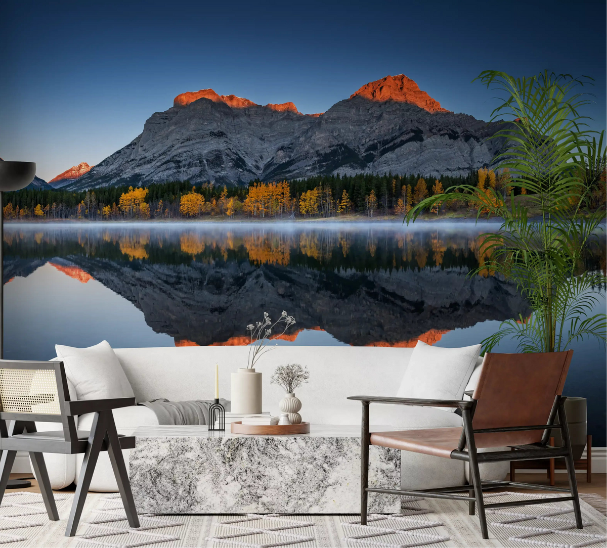 Golden peak glow on an alpine reflection wall mural over a living room in blue GD11282
