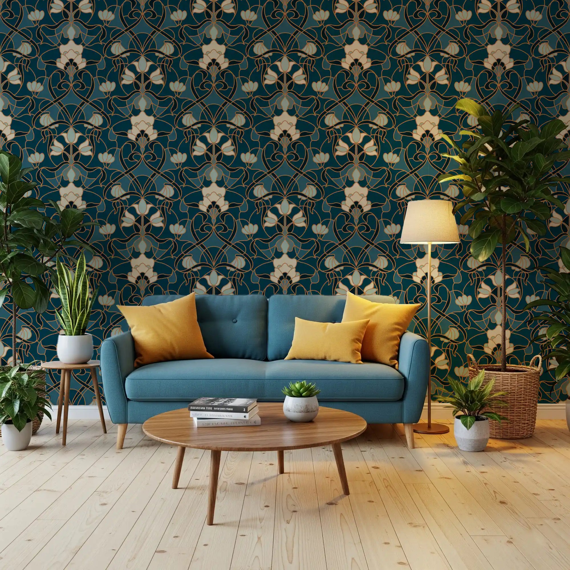 Gold scrollwork and cream blooms on wallpaper filling a Living room GD11284
