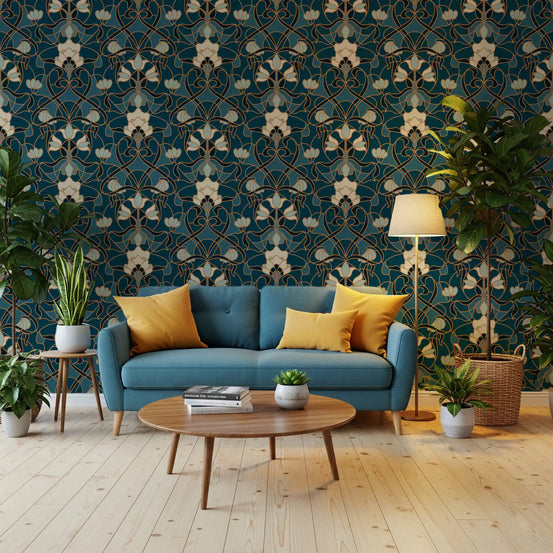Gold scrollwork and cream blooms on wallpaper filling a Living room GD11284
