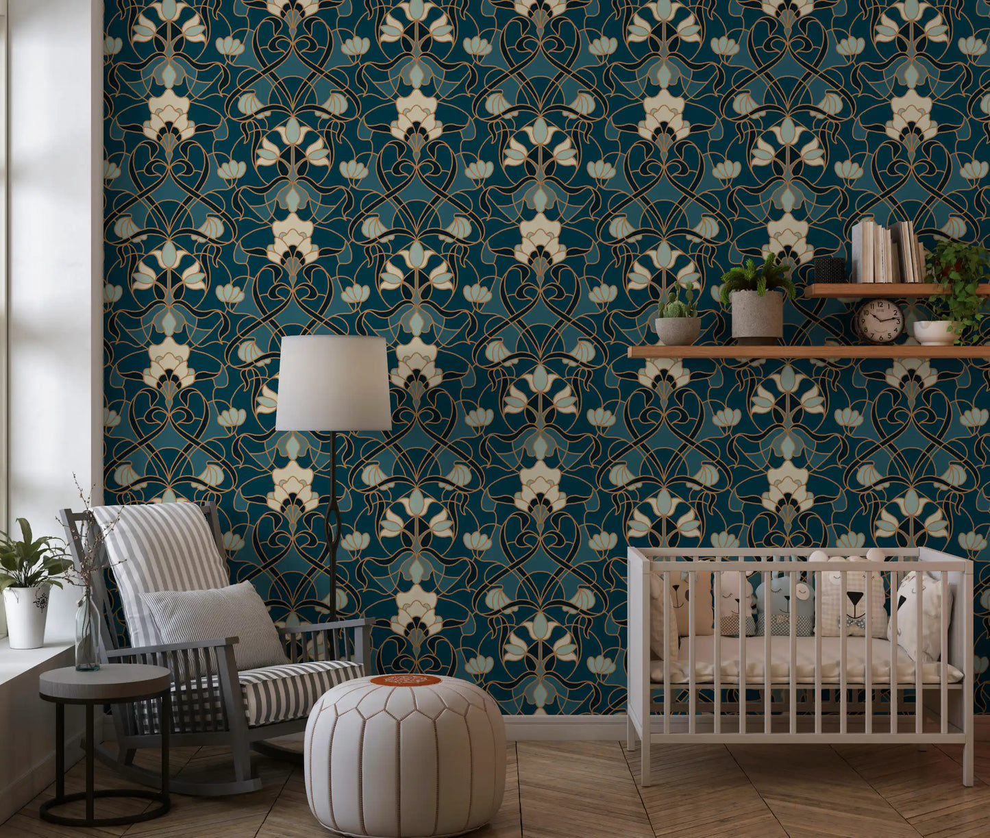 Papier peint à motifs végétaux héritage en volutes
