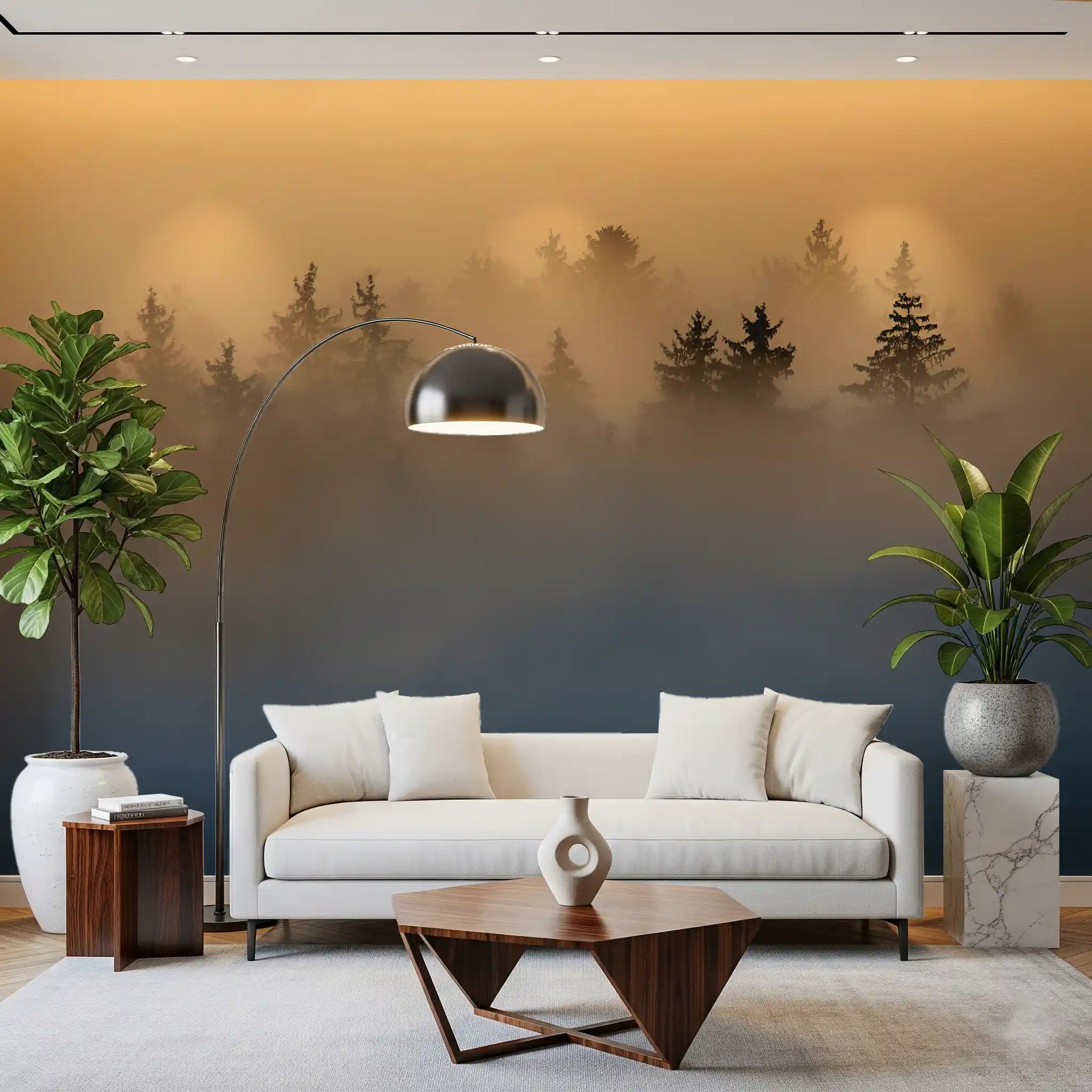 Golden haze pine trees on a wall mural warming a living room GD11286