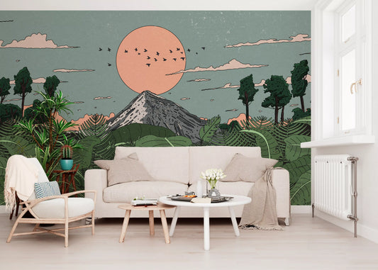 Jungle horizon sunset wall mural giving a living room a calm feature GD11287