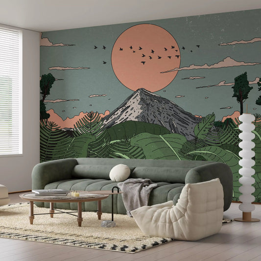 Coral sun and green jungle on a wall mural styling a Living room GD11287