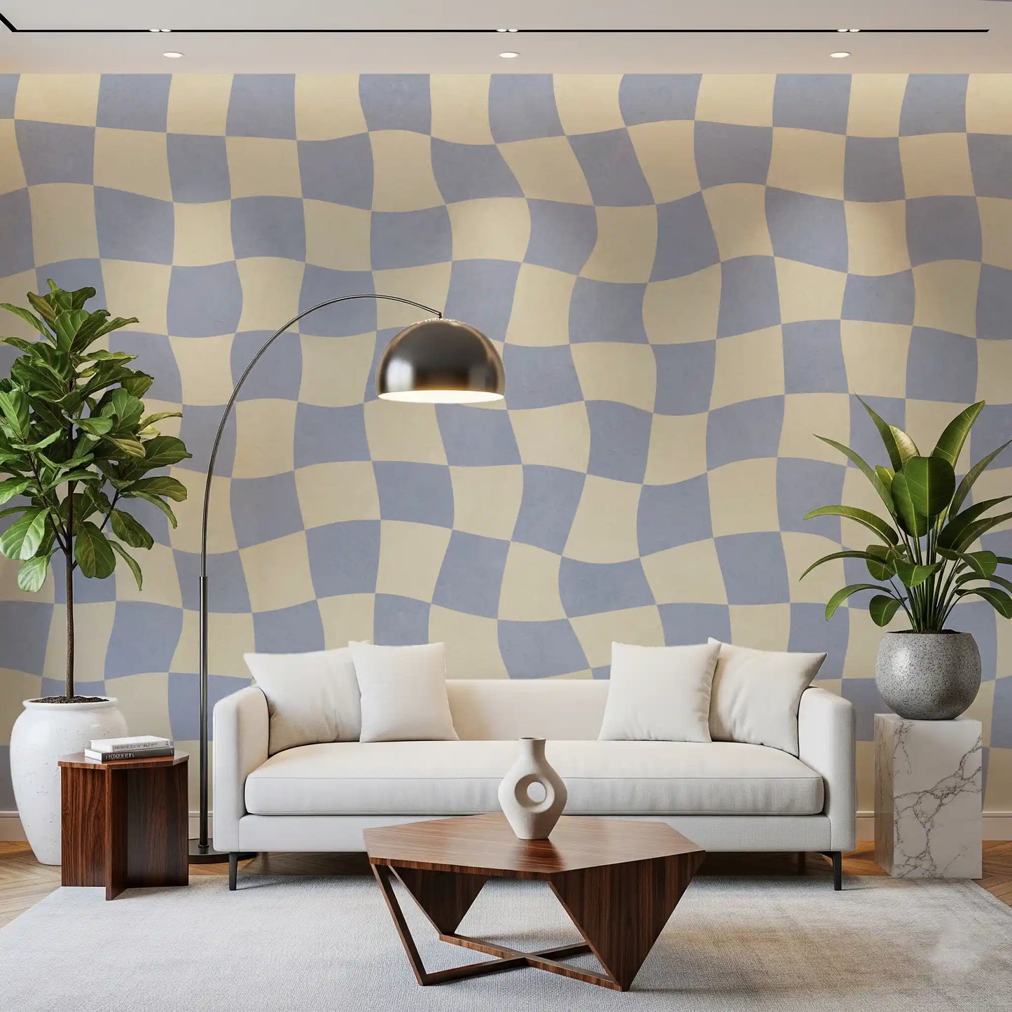 Welliges kariertes Wandbild mit weichem blauem Raster