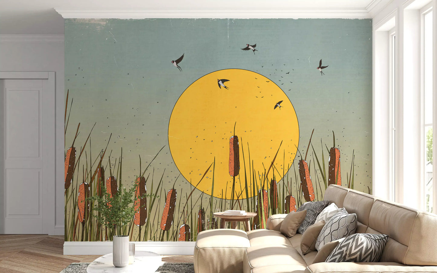 Wandbild Goldene Marschlandschaften und Schwalben