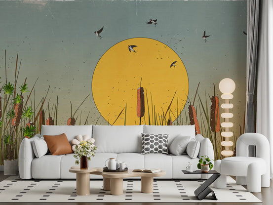 Golden Marshlands wall mural warms a living room with swallows and reeds GD11294