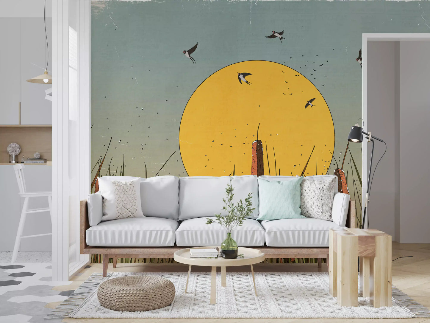 Wandbild Goldene Marschlandschaften und Schwalben