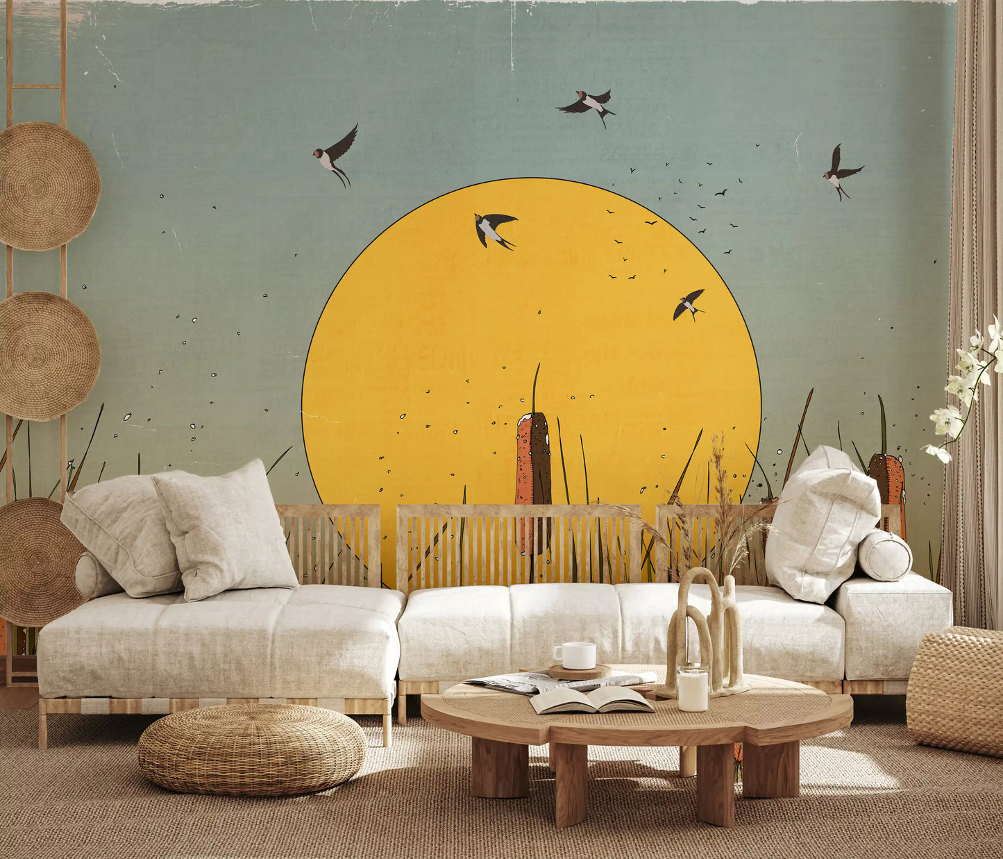 Wandbild Goldene Marschlandschaften und Schwalben