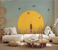 Wandbild Goldene Marschlandschaften und Schwalben