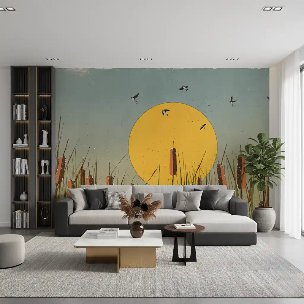 Wandbild Goldene Marschlandschaften und Schwalben