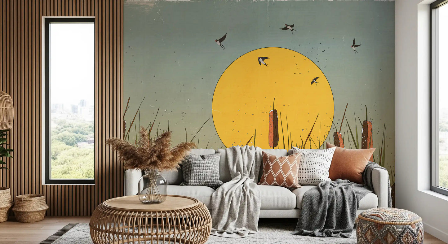 Wandbild Goldene Marschlandschaften und Schwalben