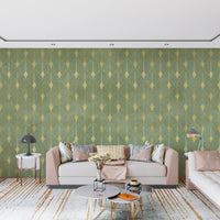 Wandbild im Art-Déco-Stil mit Salbei- und Goldfächer-Motiv