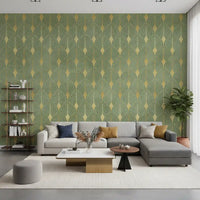 Wandbild im Art-Déco-Stil mit Salbei- und Goldfächer-Motiv