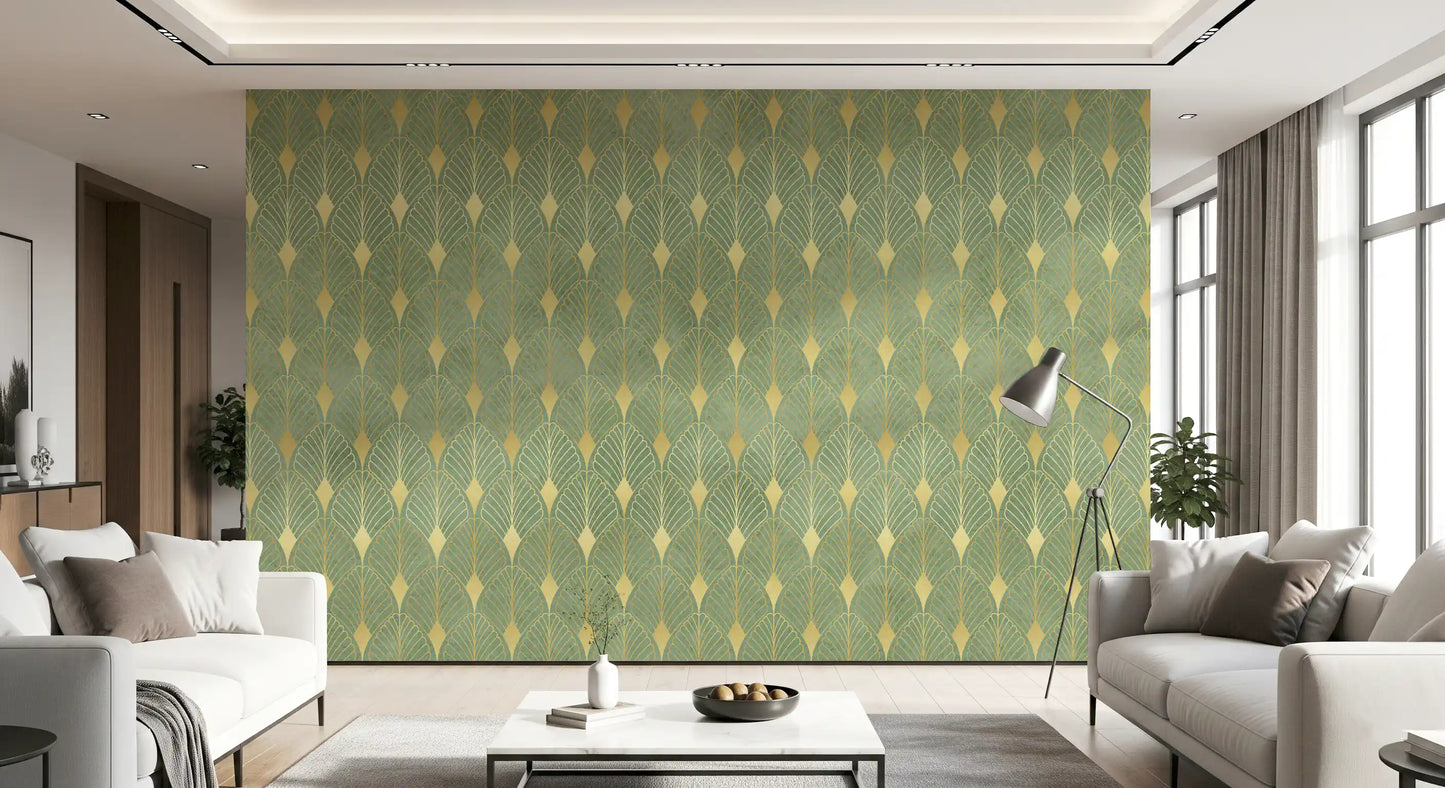 Wandbild im Art-Déco-Stil mit Salbei- und Goldfächer-Motiv