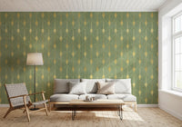 Wandbild im Art-Déco-Stil mit Salbei- und Goldfächer-Motiv