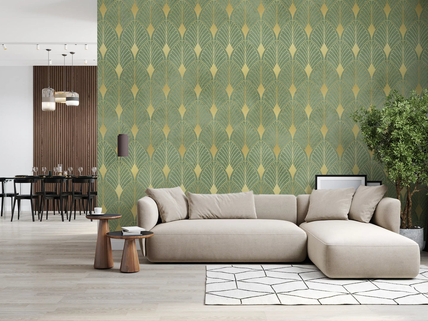 Wandbild im Art-Déco-Stil mit Salbei- und Goldfächer-Motiv