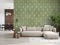 Wandbild im Art-Déco-Stil mit Salbei- und Goldfächer-Motiv
