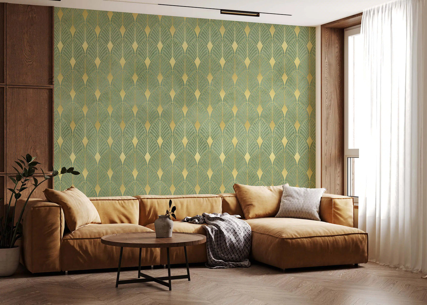 Wandbild im Art-Déco-Stil mit Salbei- und Goldfächer-Motiv