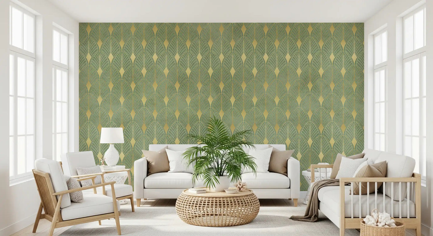 Wandbild im Art-Déco-Stil mit Salbei- und Goldfächer-Motiv