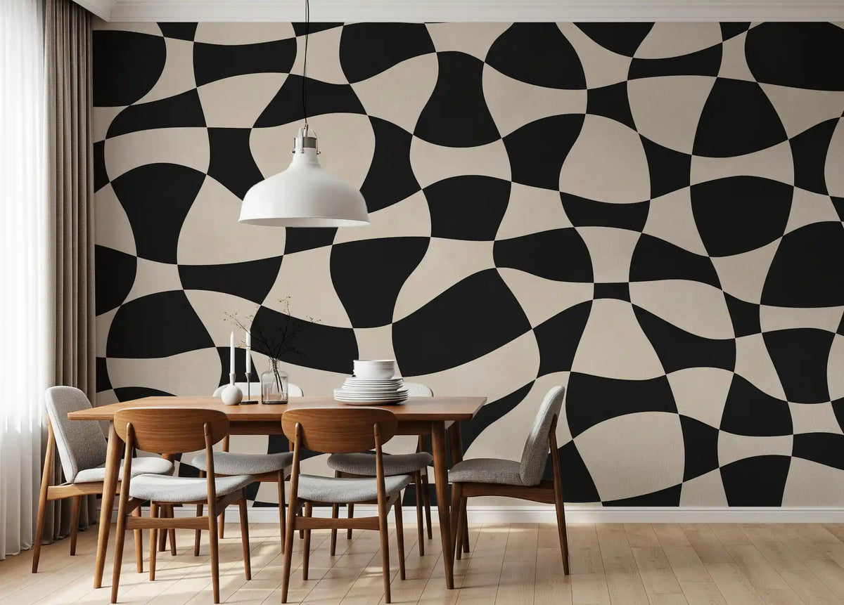 Wavy geometric lines on a monochrome wall mural in a dining room GD11298
