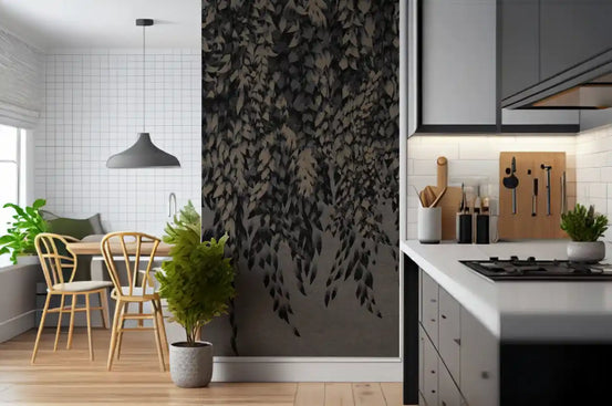 Trailing willow in ink-wash on a monochrome wall mural in a kitchen room GD11299
